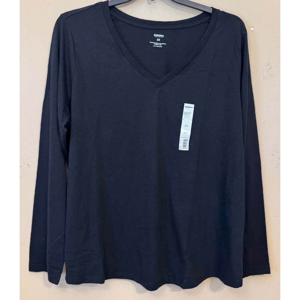 Sonoma T-Shirt Women 2X Black Basic V-Neck Long Sleeve Slub Knit Tee